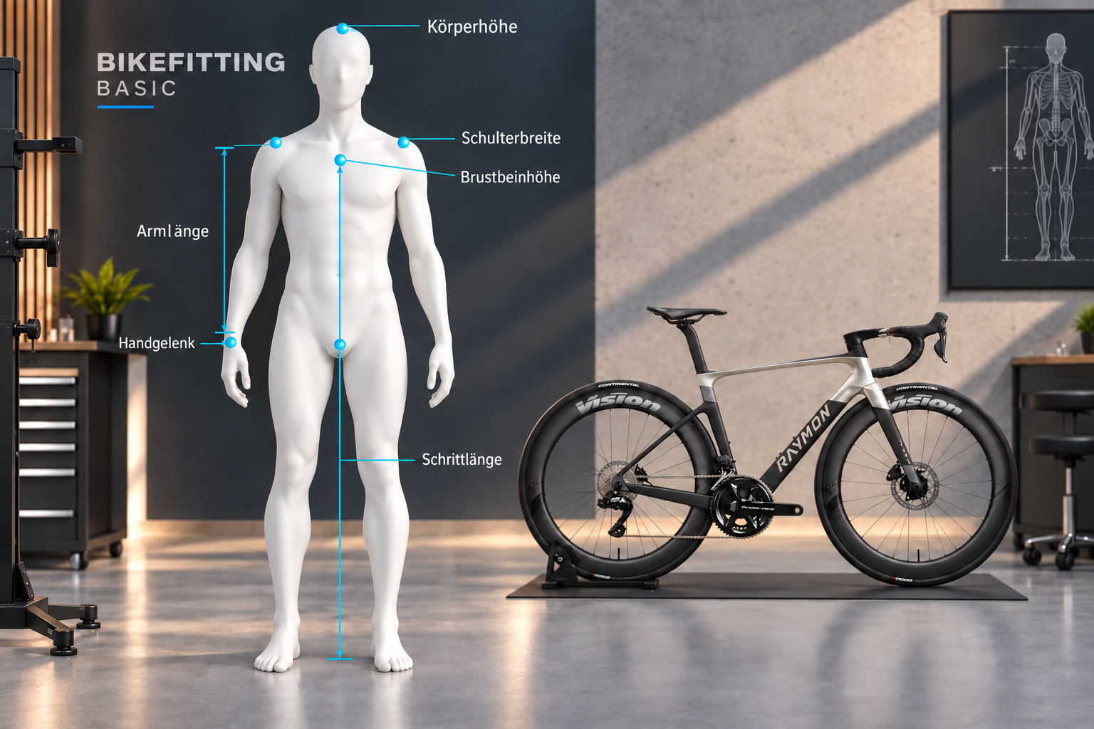 Basic Bikefitting mit markierten Körpermaßen als Grundlage für Rahmengröße und Sitzposition.